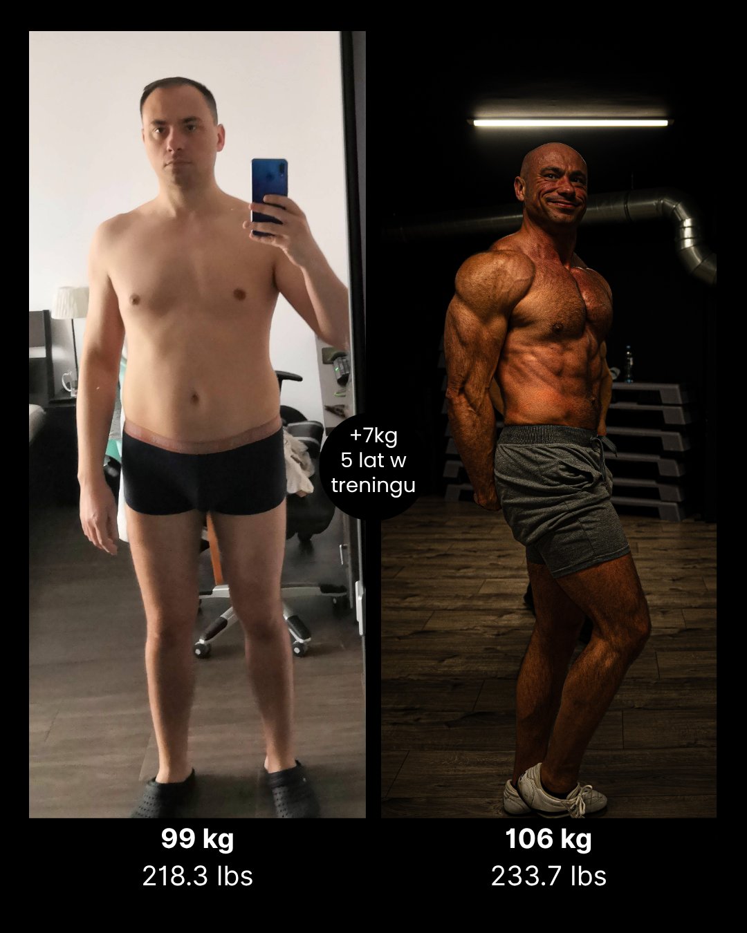 Marcin Stręk — zdjęcie porównawcze z dwóch różnych etapów treningu, 99 kg i 106 kg